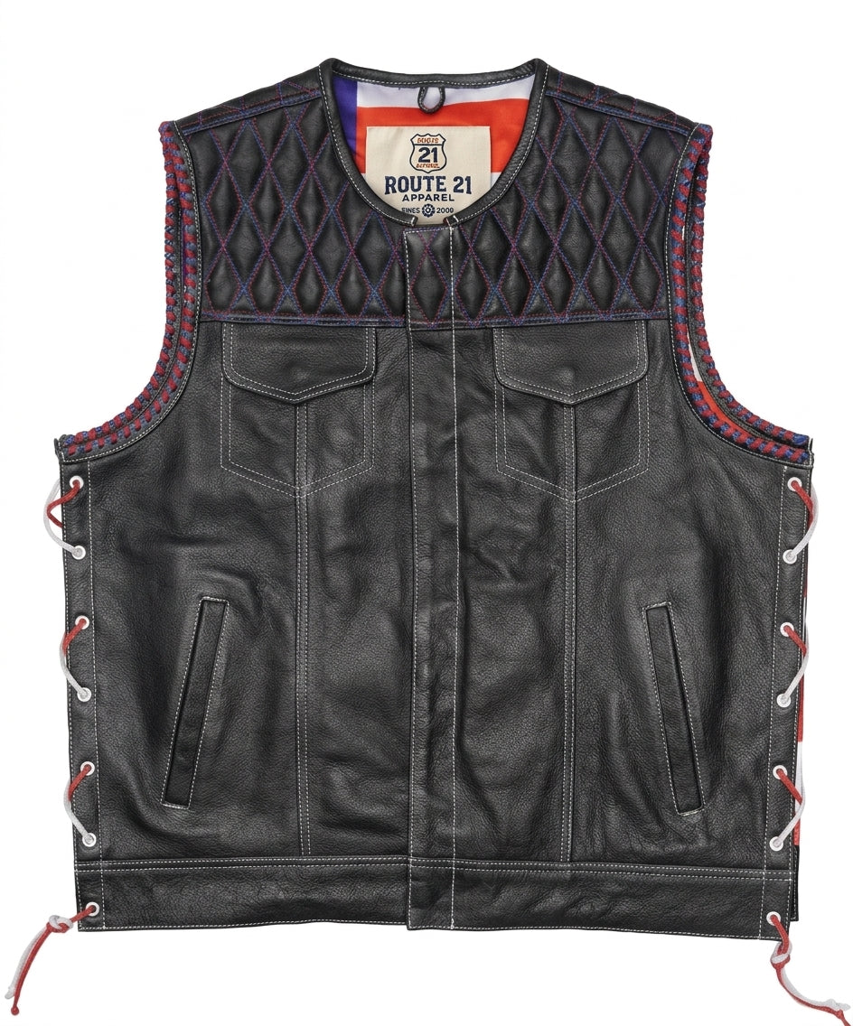 Leatherick Diamond Stitch Collarless Custom Biker Vest