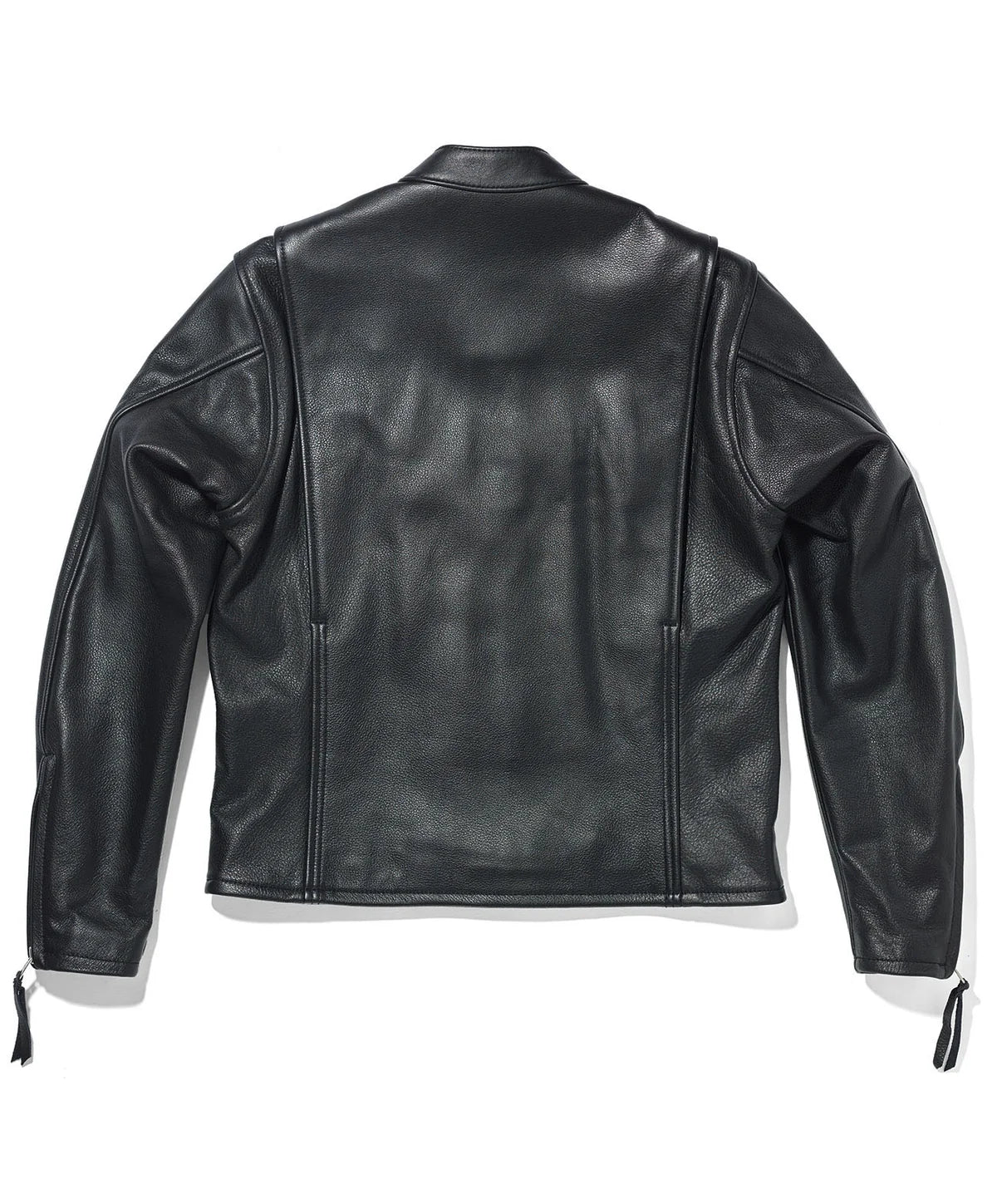 Black leather jacket shown from the back, featuring a high collar, vertical center seam, and drawstring ties at the cuffs, photographed on a white background.
