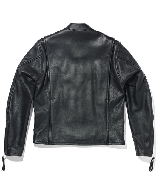 Black leather jacket shown from the back, featuring a high collar, vertical center seam, and drawstring ties at the cuffs, photographed on a white background.
