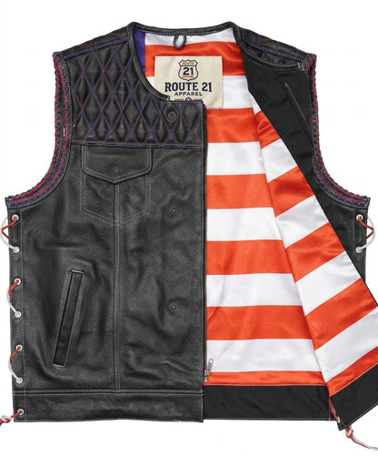 Leatherick Diamond Stitch Collarless Custom Biker Vest