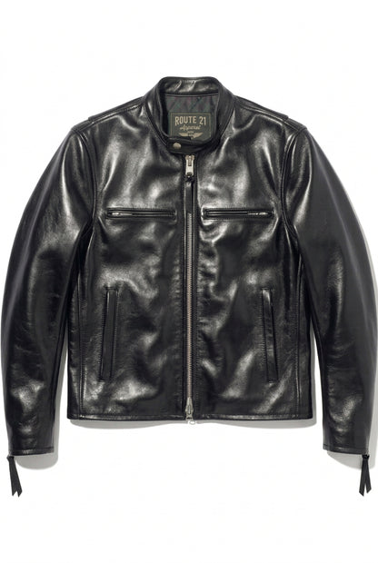 A black leather motorcycle jacket with a front zipper, zippered chest pockets, and zippered hand pockets, shown flat on a white background. The brand label inside the collar reads 'ROUTE 21 Apparel'.