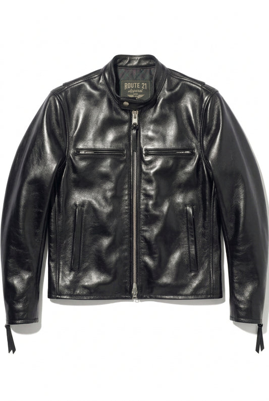 A black leather motorcycle jacket with a front zipper, zippered chest pockets, and zippered hand pockets, shown flat on a white background. The brand label inside the collar reads 'ROUTE 21 Apparel'.
