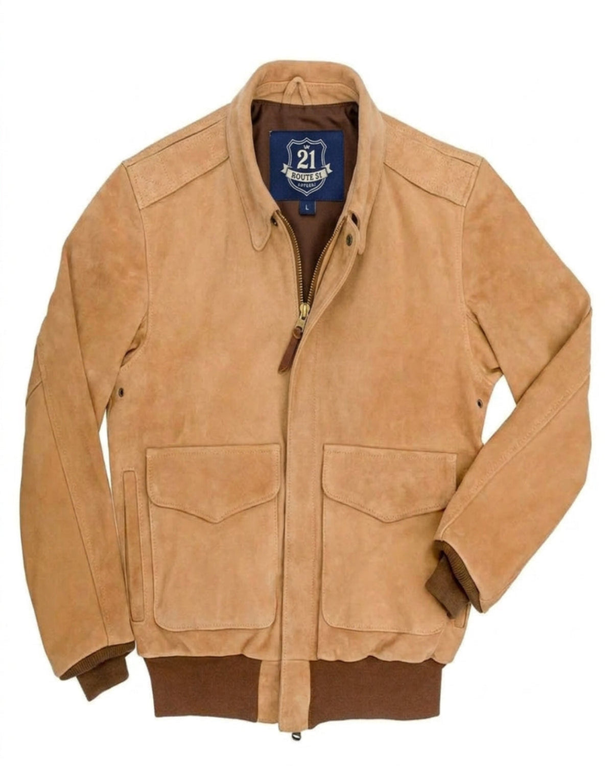 A tan suede aviator-style jacket with a brown ribbed hem and cuffs, featuring a front zipper, shoulder epaulets, and two large flap chest pockets. A suede leather 'Route 21 Apparel' brand label is visible inside the collar.