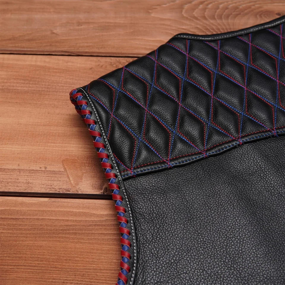 Leatherick Diamond Stitch Collarless Custom Biker Vest